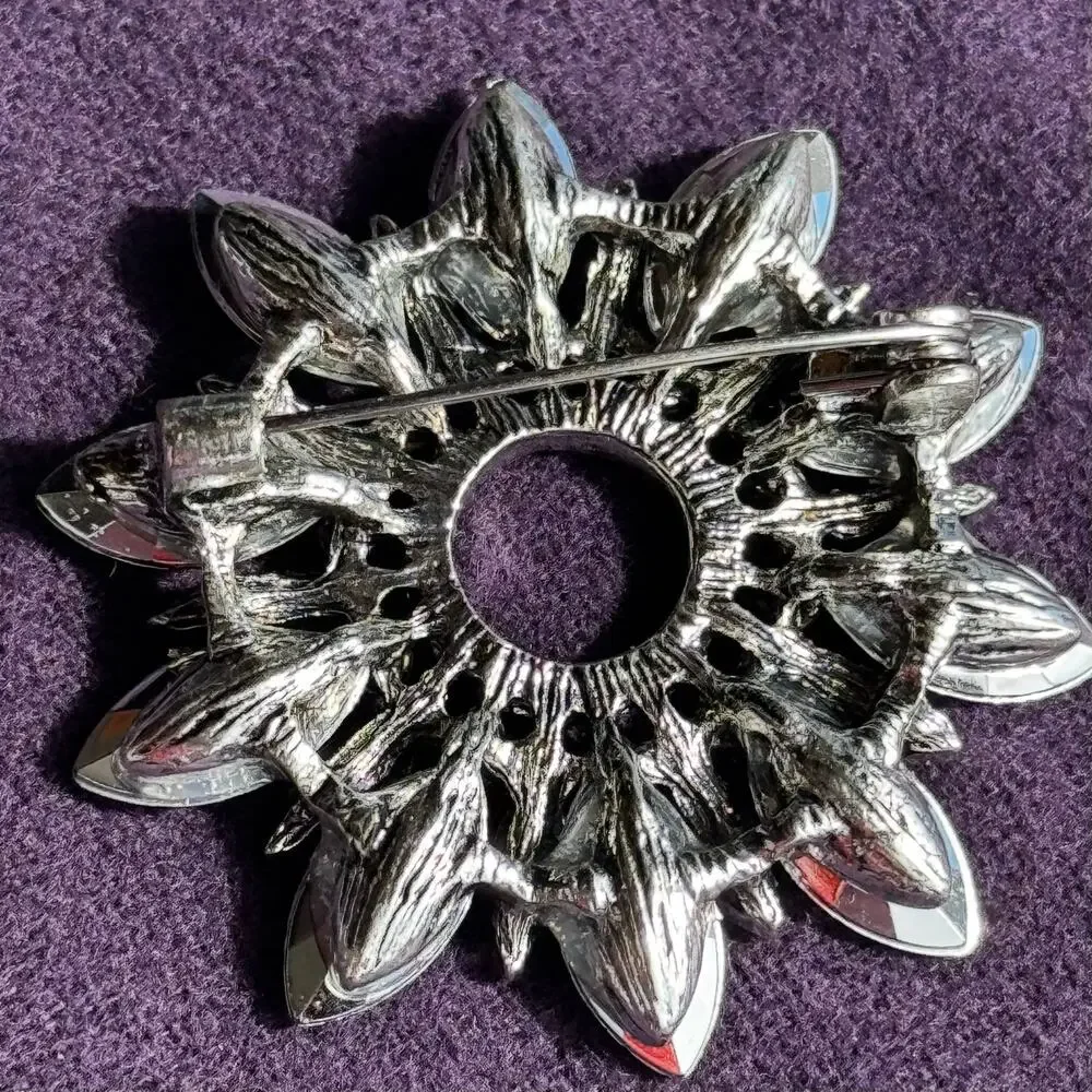 Blue Navette Rhinestone Starburst Brooch Pin Sapphire AB Crystal Silver Tone